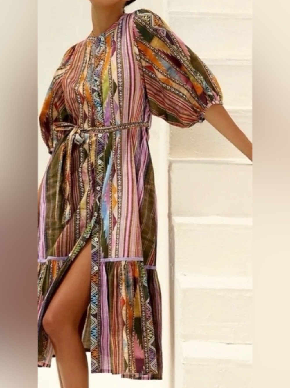 Ro’s Garden Striped Midi Dress with Belt in Multi-Color, XS